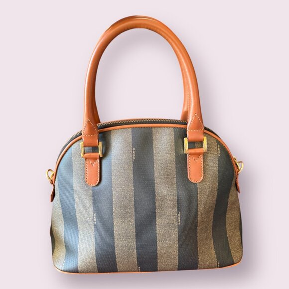 Authentic Vintage Fendi Pequin Stripe Coated Canvas Dome Bag | Leather Trim - Picture 2 of 10